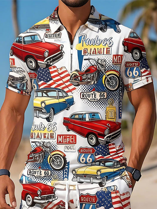 Independence Day Route 66 Vintage Classic Car American Motorcycle Men's Short Sleeve Zipper Polo Sets