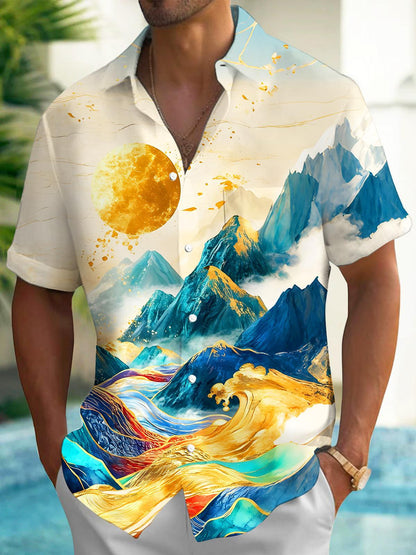 Art Sun Moon Golden Mountains Men's Pocket Short Sleeve Shirts