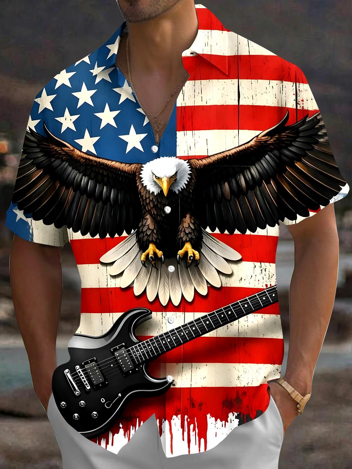 American Flag Eagle Guitar Men's Pocket Short Sleeve Shirts