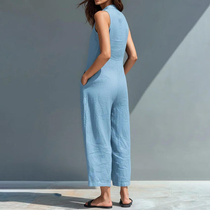 Sleeveless Jumpsuits for Women Button Front Stand Collar Sleeveless Loose Wide Leg Jumpsuit for Vacation charmingly