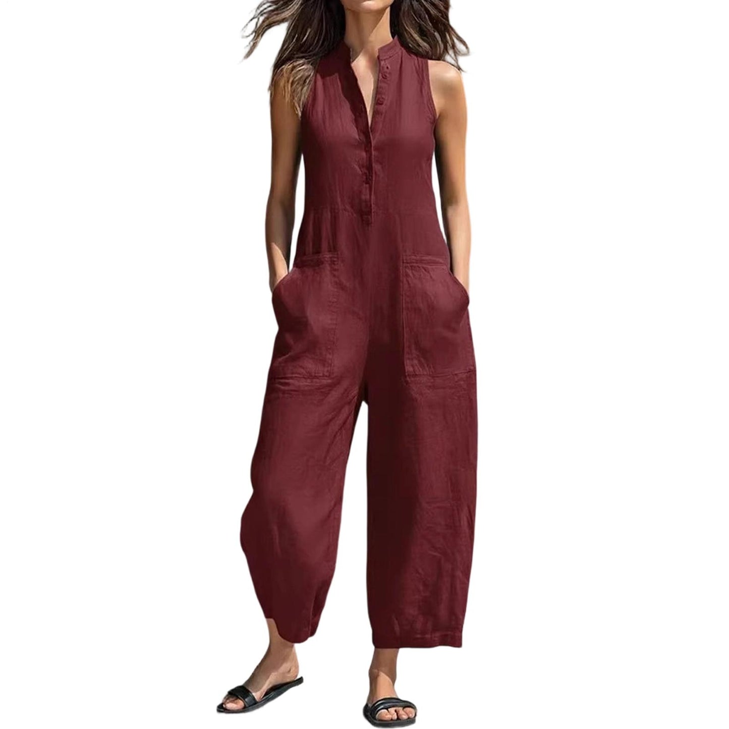 Sleeveless Jumpsuits for Women Button Front Stand Collar Sleeveless Loose Wide Leg Jumpsuit for Vacation charmingly