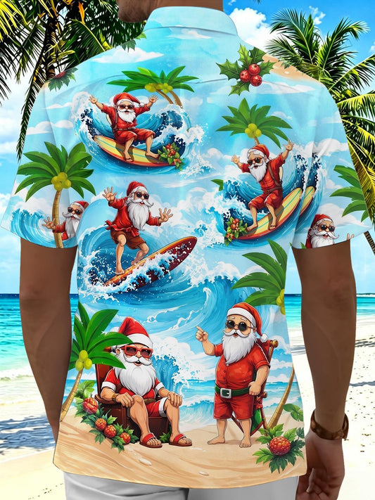 Fun Hawaiian Surfing Summer Santa Christmas Holiday Men's Pocket Short Sleeve Shirts