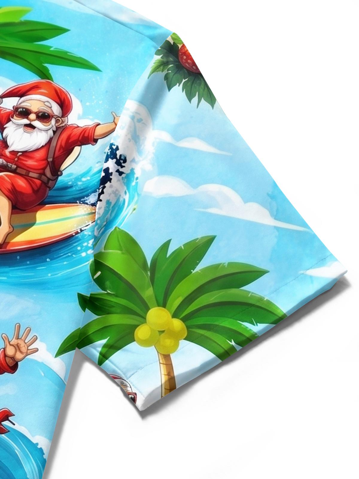 Fun Hawaiian Surfing Summer Santa Christmas Holiday Men's Pocket Short Sleeve Shirts