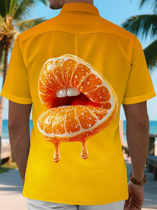 Fun Orange Lips Orange Fruit Men's Pocket Short Sleeve Shirts