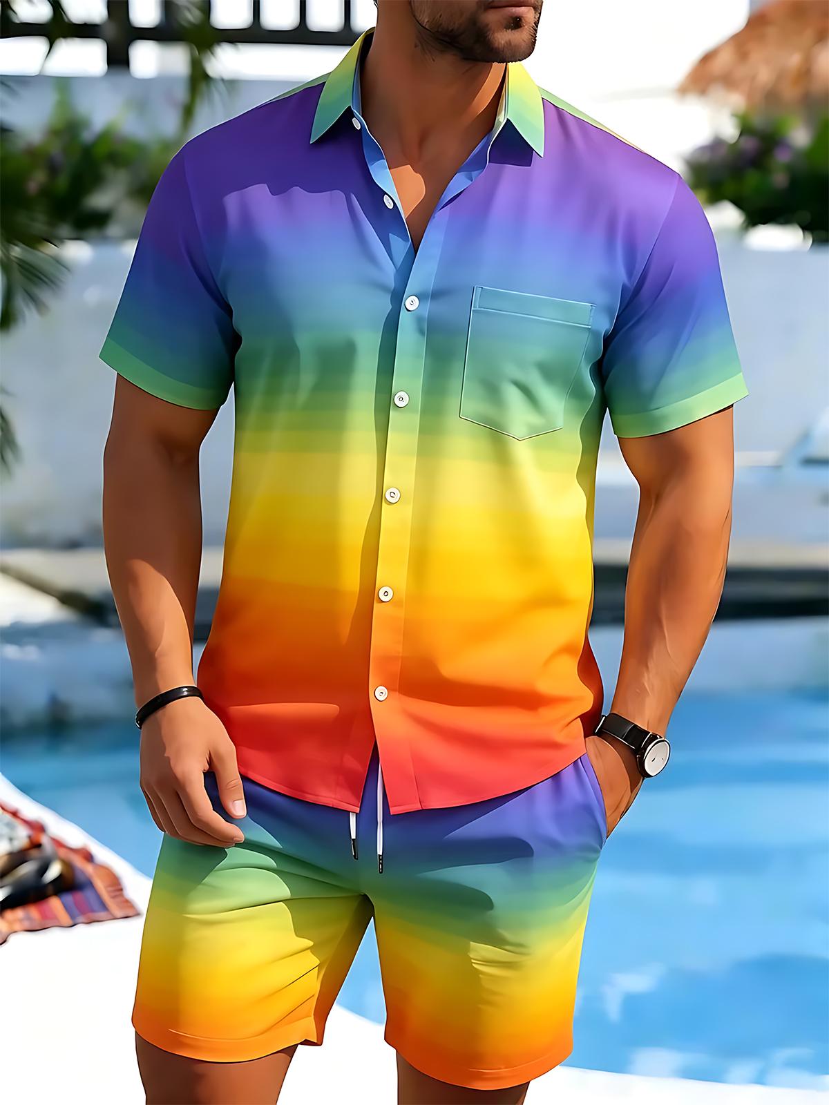 Colorful Men's Short Sleeve Pocket Shirts And Shorts Set