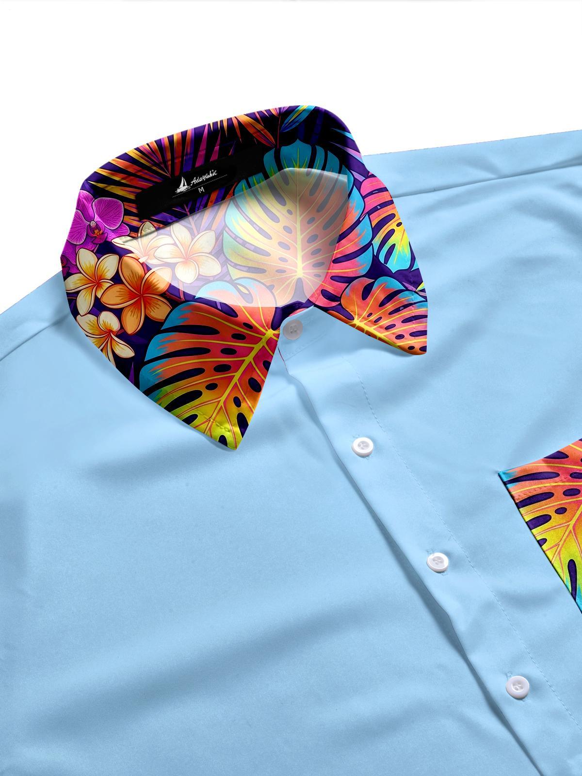 Hawaiian Light Blue Tropical Floral Leaves Trim Men's Pocket Short Sleeve Shirts