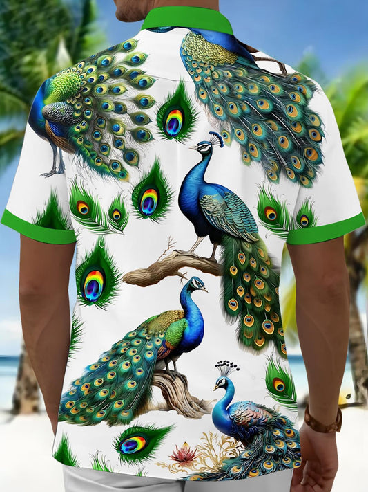 Peacock Print Men's Pocket Short Sleeve Shirts