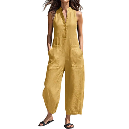 Sleeveless Jumpsuits for Women Button Front Stand Collar Sleeveless Loose Wide Leg Jumpsuit for Vacation charmingly