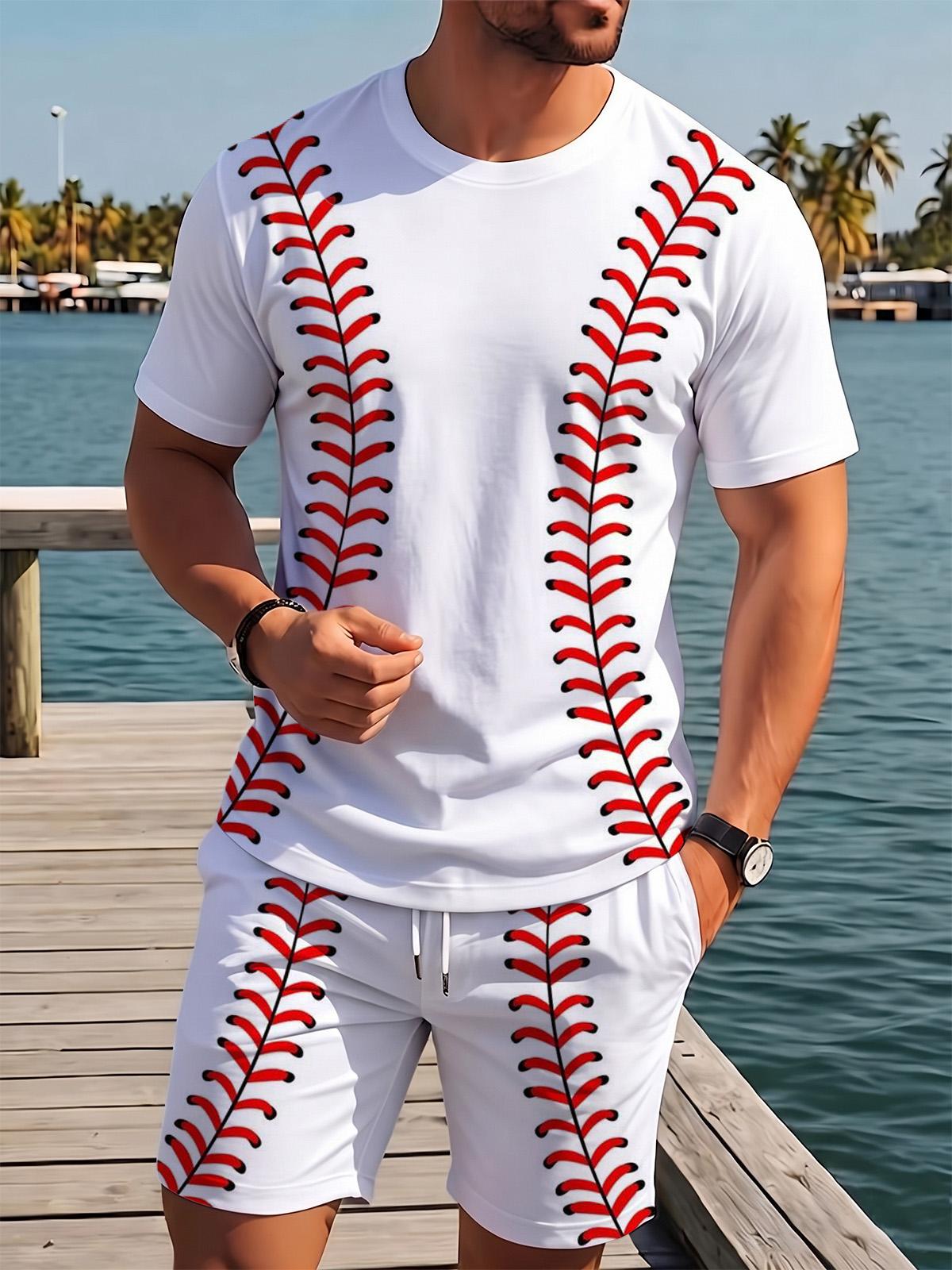 Baseball Print Men's Short Sleeve Round Neck T-shirt And Shorts Set
