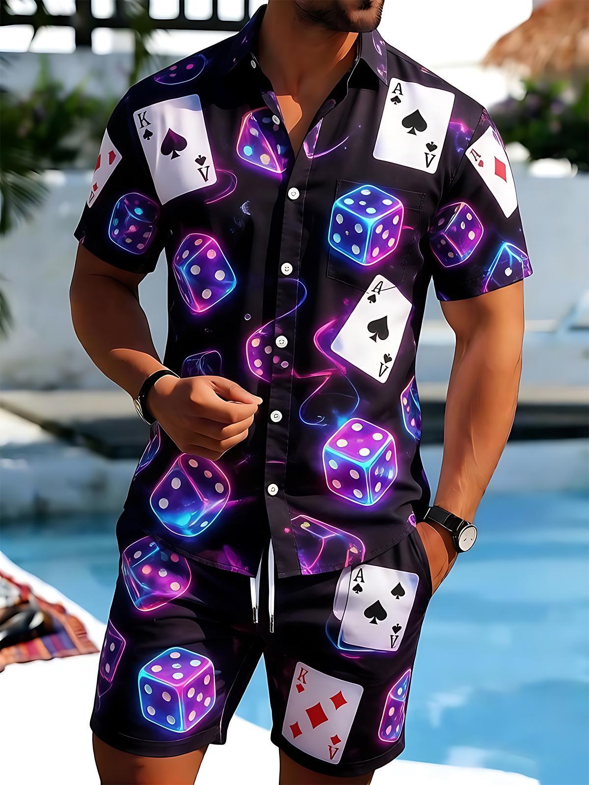 Neon Poker Dice Men's Short Sleeve Pocket Shirts And Shorts Set