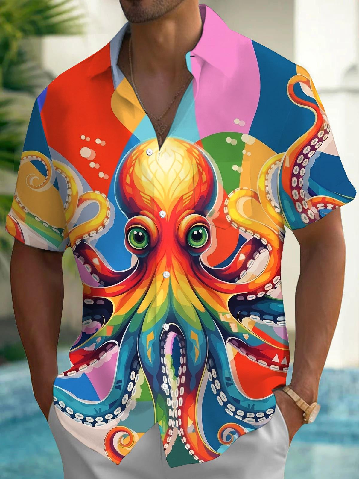 Colorful Octopus Hawaiian Print Men's Pocket Short Sleeve Shirts