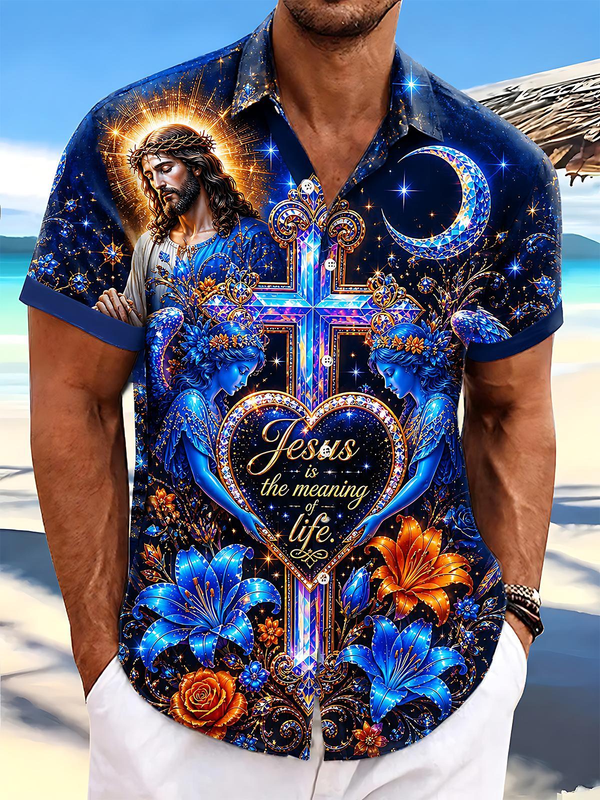 Jesus Cross Religious Starry Sky Men's Pocket Short Sleeve Shirts
