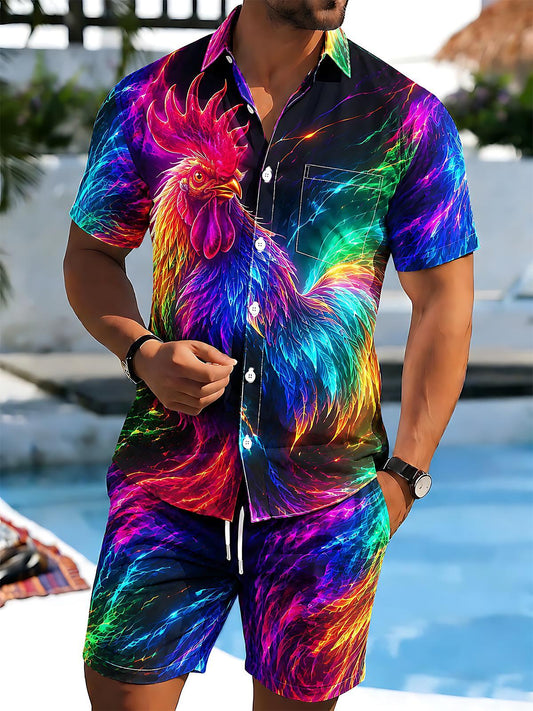 Neon Colorful Rooster Men's Short Sleeve Pocket Shirts And Shorts Set