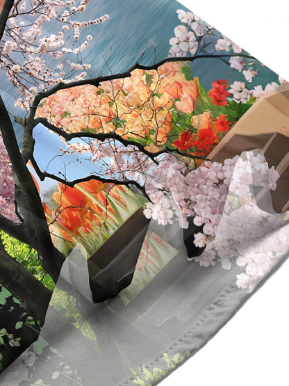 Sakura Scenery Print Men's Pocket Short Sleeve Shirts
