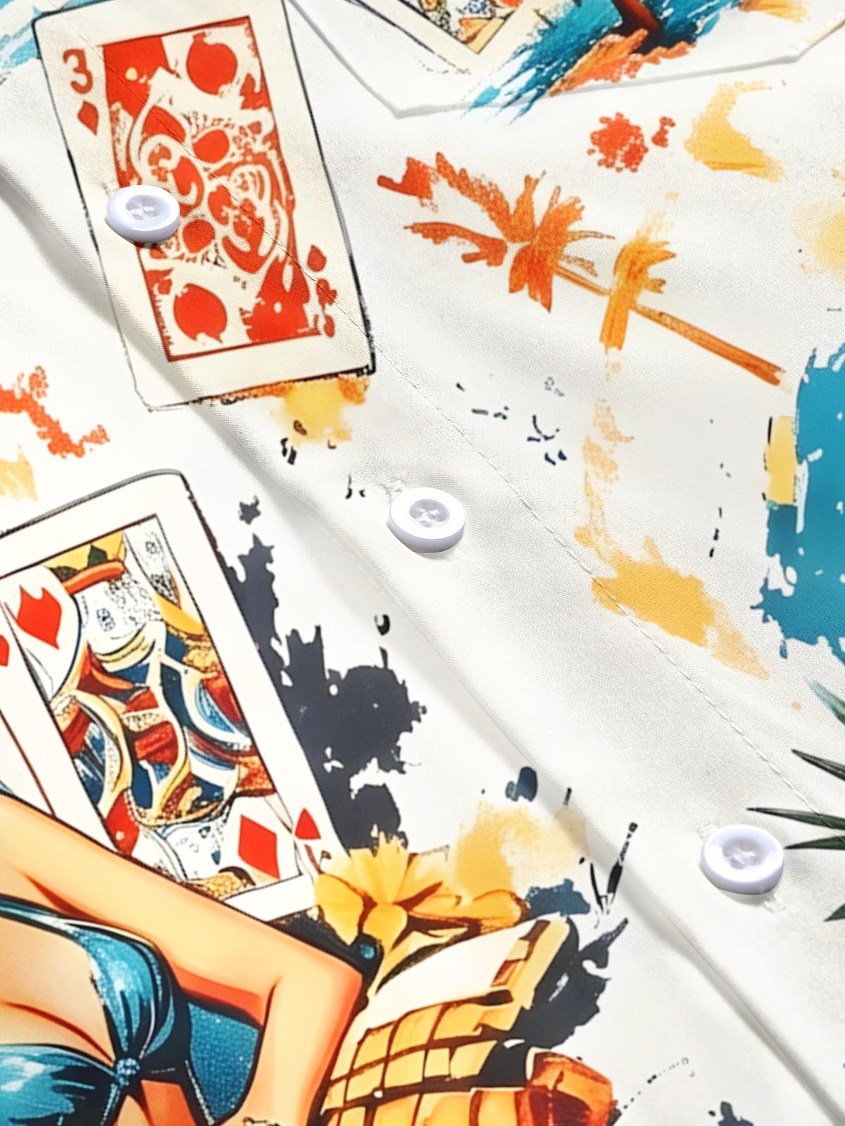 Hawaiian Gradient Poker Cards Vintage Beauties And Leaf Men's Pocket Short Sleeve Shirts