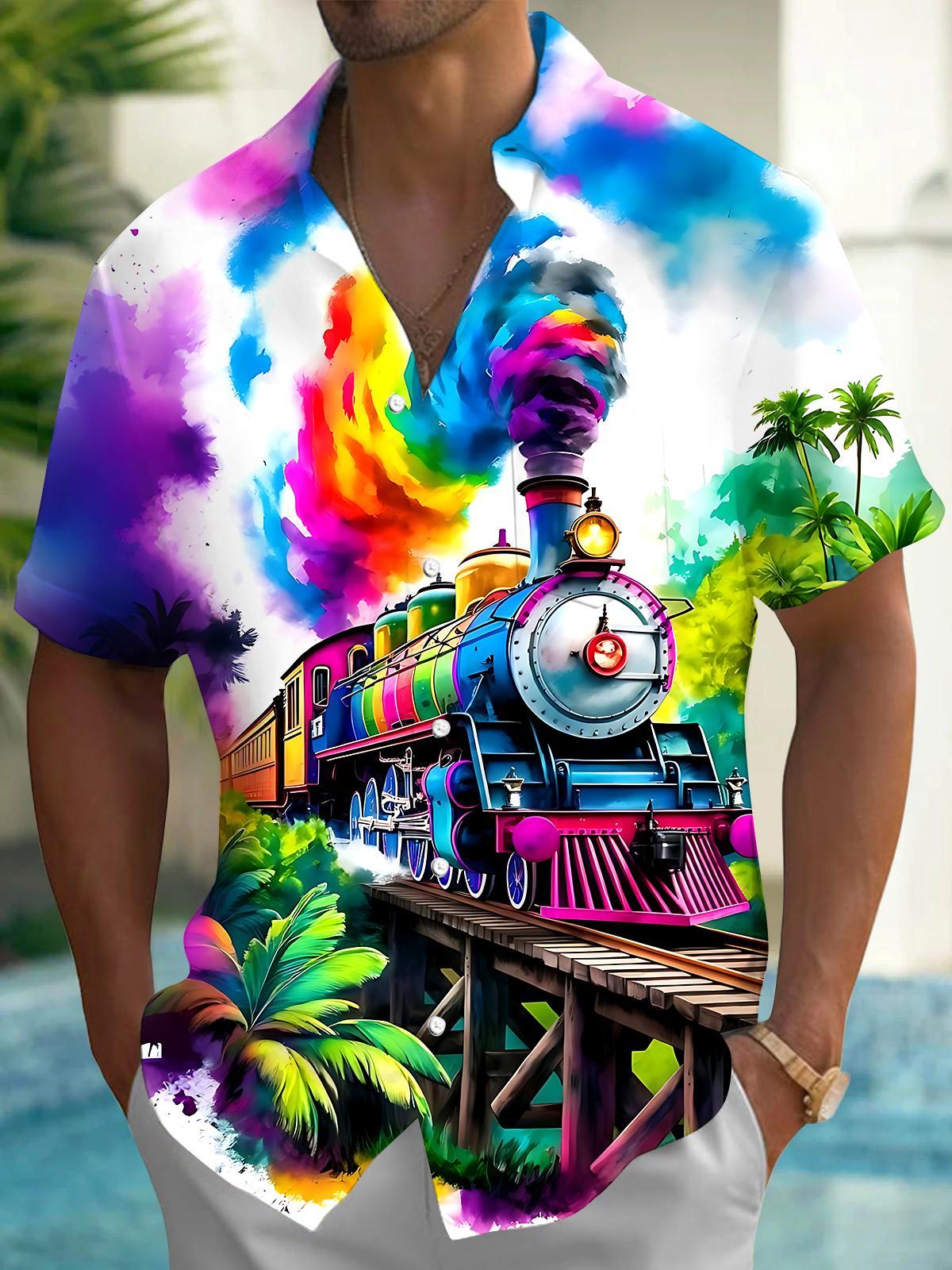 Hawaiian Coconut Tree Train Men's Pocket Short Sleeve Shirts