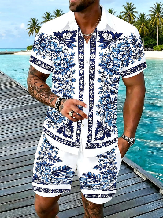 Floral Men's Short Sleeve Pocket Shirts And Shorts Set