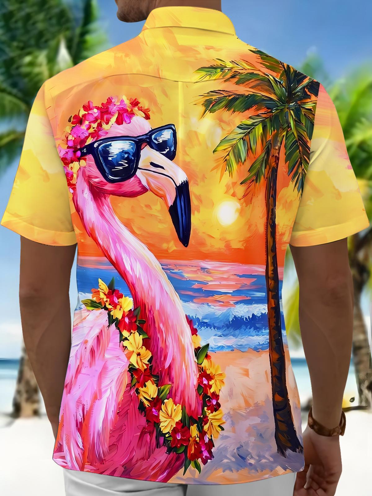 Hawaiian Sunset Flamingo Beach Men's Pocket Short Sleeve Shirts