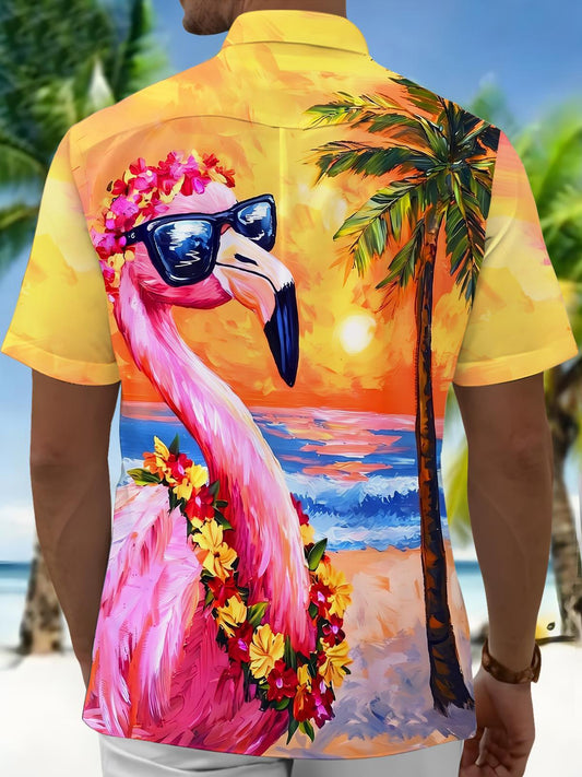 Hawaiian Sunset Flamingo Beach Men's Pocket Short Sleeve Shirts