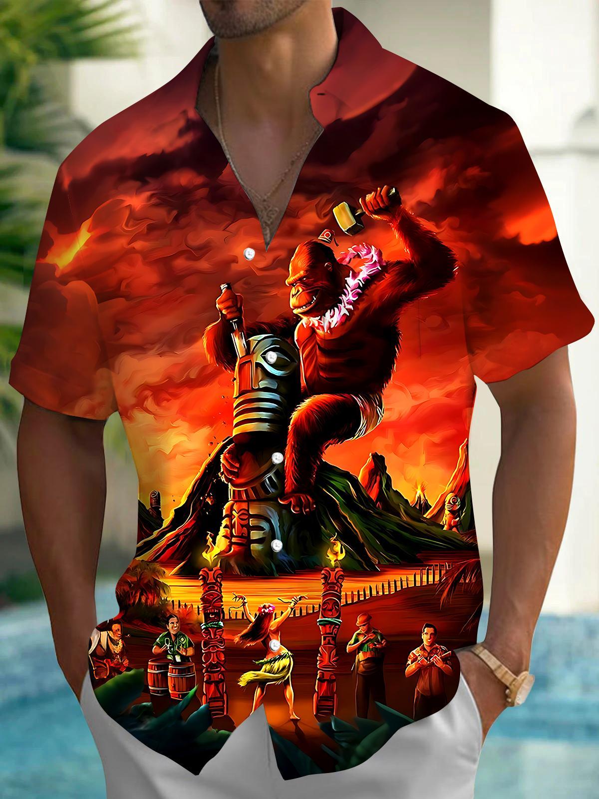 Hawaiian Tiki Chimpanzee Volcano Men's Pocket Short Sleeve Shirts