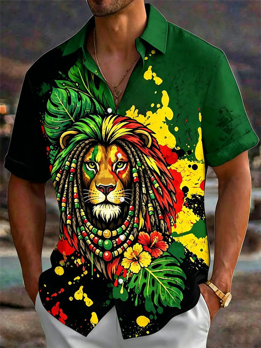 Lion Hawaiian Print Men's Pocket Short Sleeve Shirts