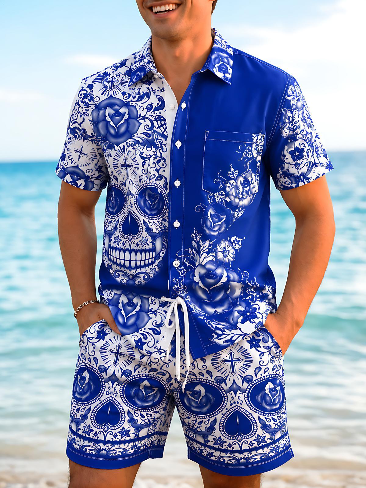 Blue And White Porcelain Skull Rose Men's Short Sleeve Pocket Shirts And Shorts Set