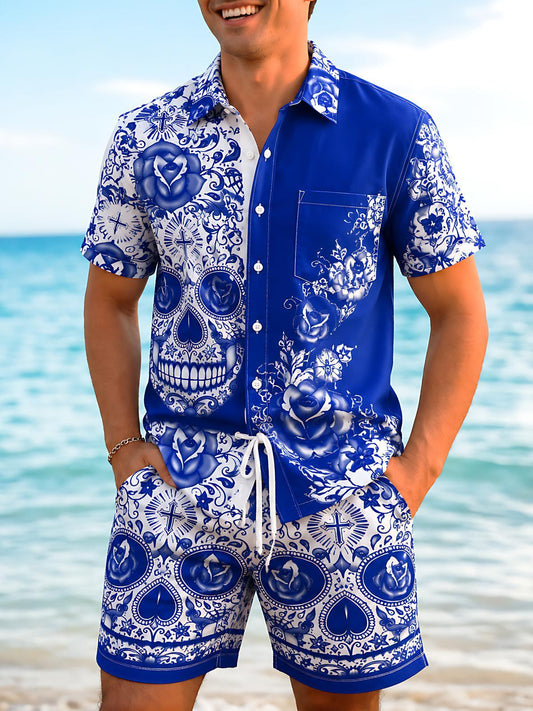Blue And White Porcelain Skull Rose Men's Short Sleeve Pocket Shirts And Shorts Set
