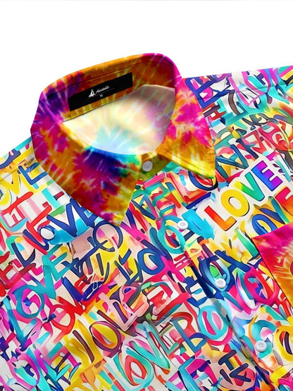 Colorful Tie Dye Love Graffiti Pride Month Men's Pocket Short Sleeve Shirts