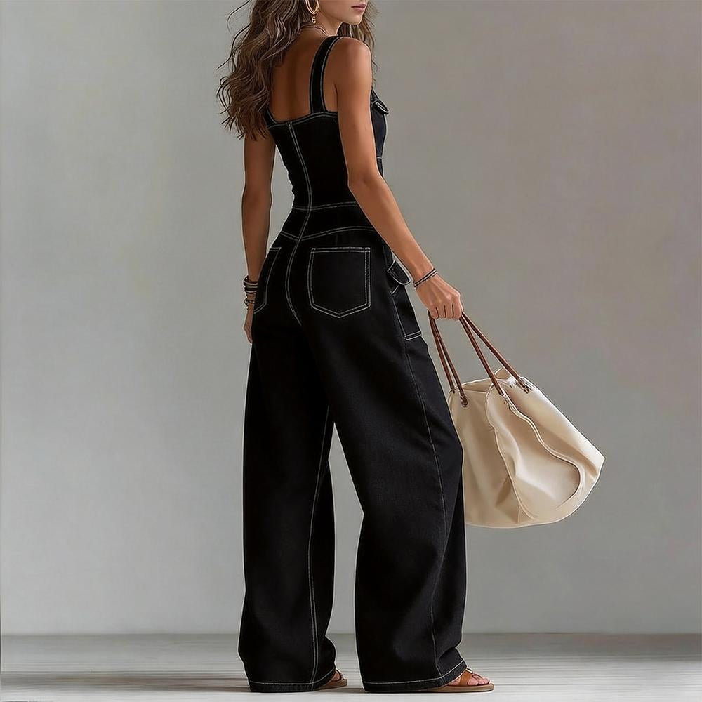 Denim Jumpsuits for Women V Neck Mid Waist Denim Sleeveless Wide Leg Jumpsuit with Pocket for Daily Wear unusual
