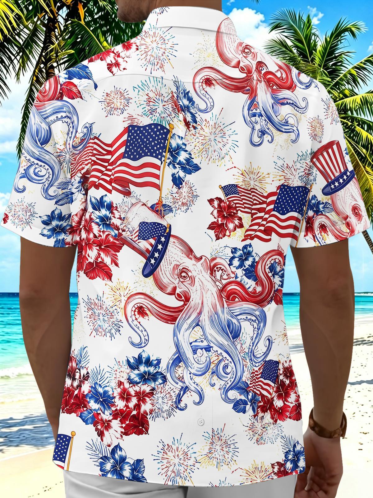 American Flag Octopus Firework Independence Day Men's Pocket Short Sleeve Shirts