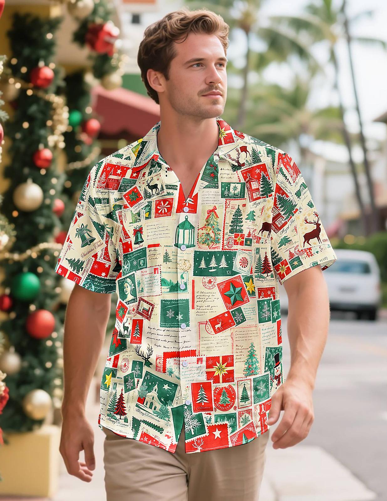 Men Christmas Shirt Button Down Vintage Stamp Christmas Print Lapel Collar Button Down Shirts for Beach Vacation Travel responsible