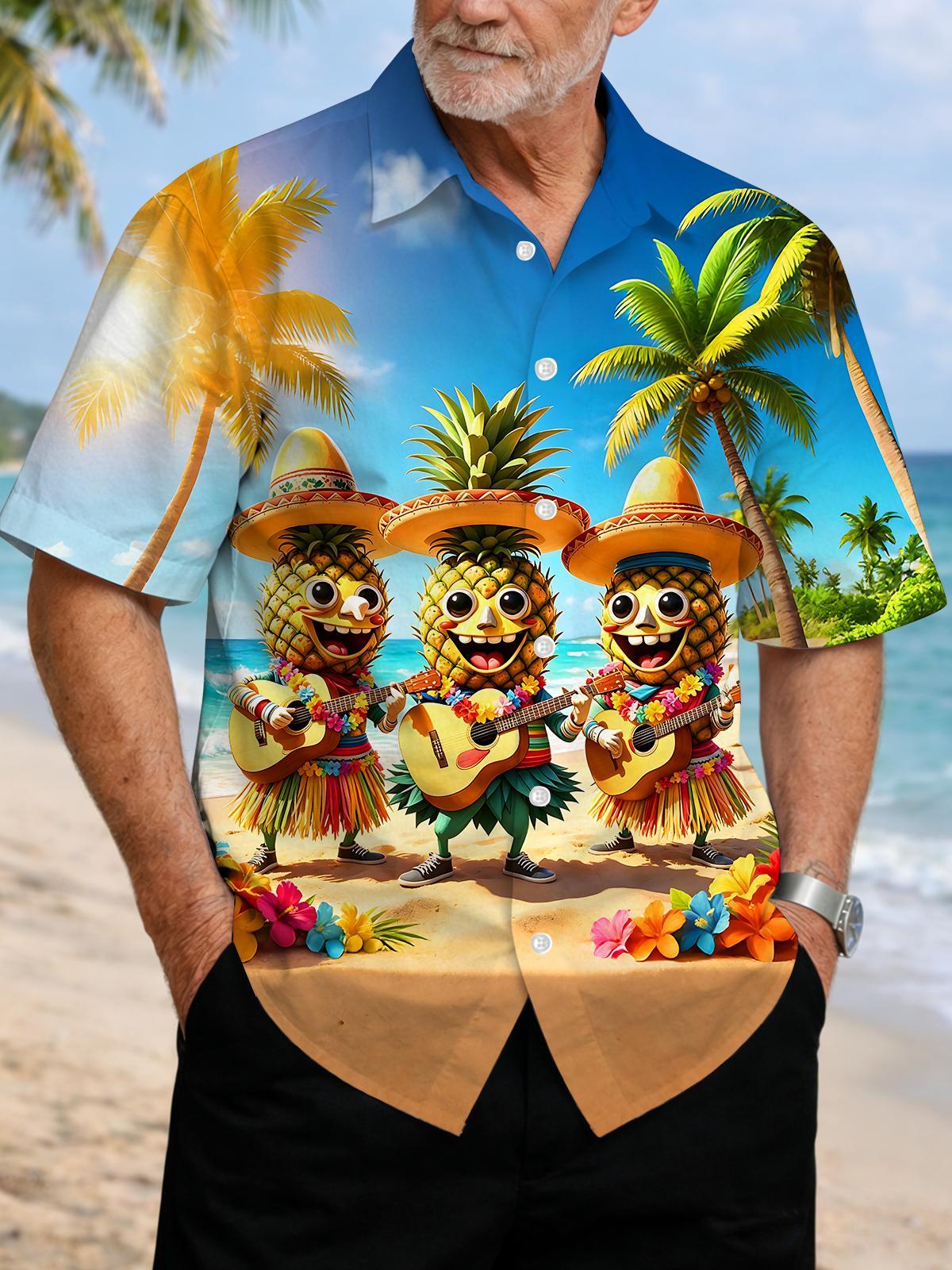 Fun Hawaiian Pineapple Band Playing Guitar Men's Pocket Short Sleeve Shirts