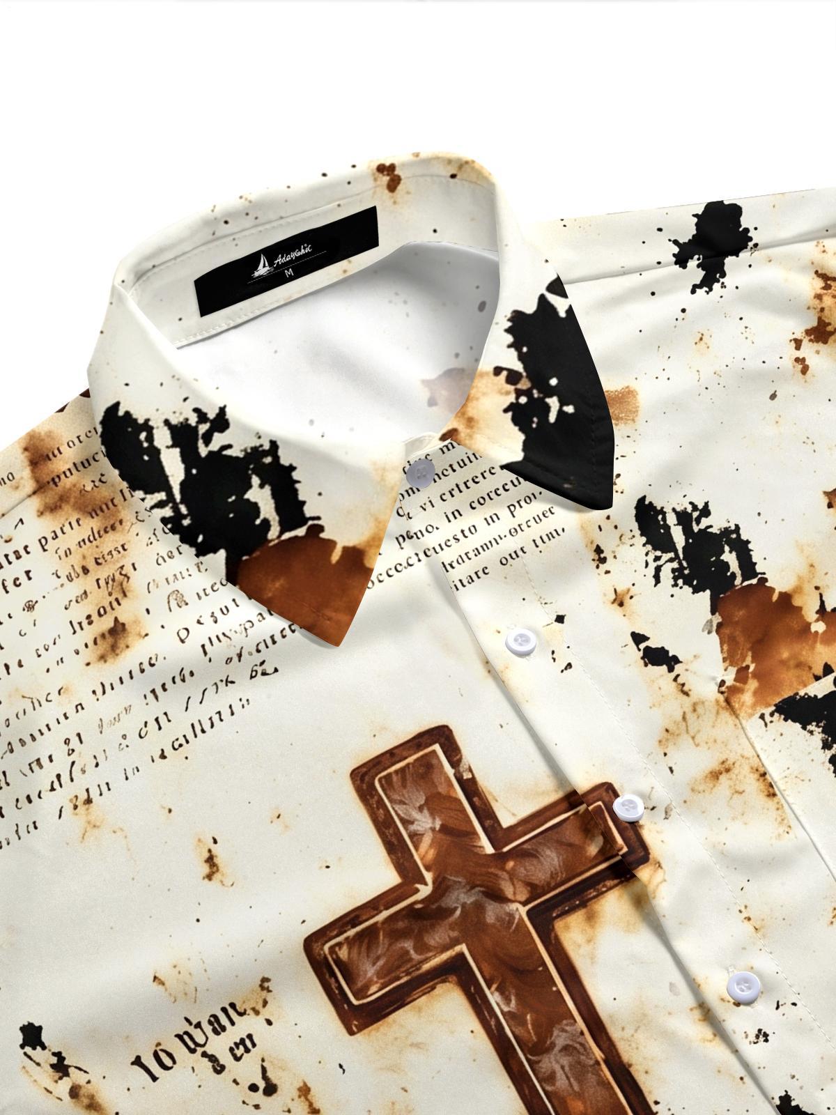 Vintage Cross Religion Distressed Print Men's Pocket Short Sleeve Shirts