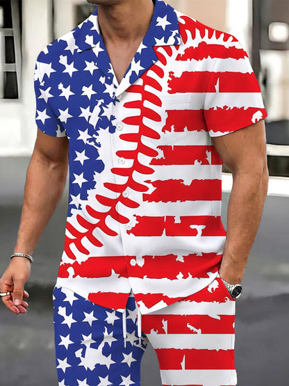 Independence Day Baseball Print Men's Pocket Short Sleeve Shirts