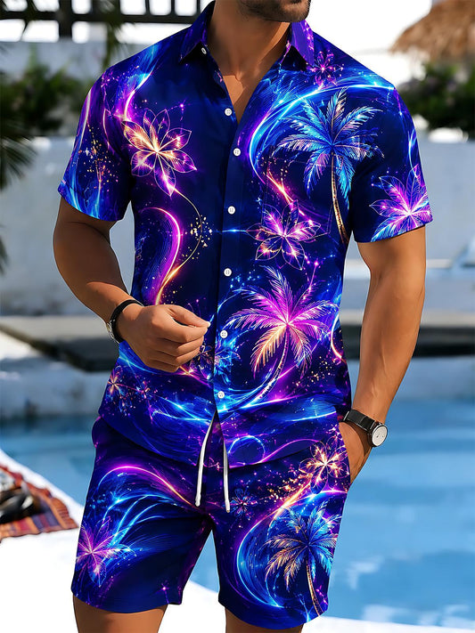 Neon Iridescent Glowing Coconut Tree Men's Short Sleeve Pocket Shirts And Shorts Set