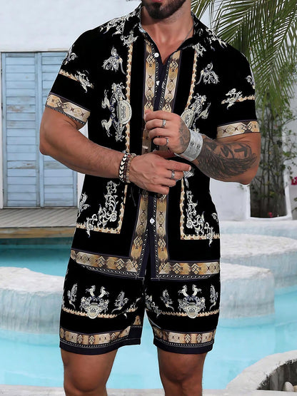 Hawaiian Men's Short Sleeve Pocket Shirts And Shorts Set