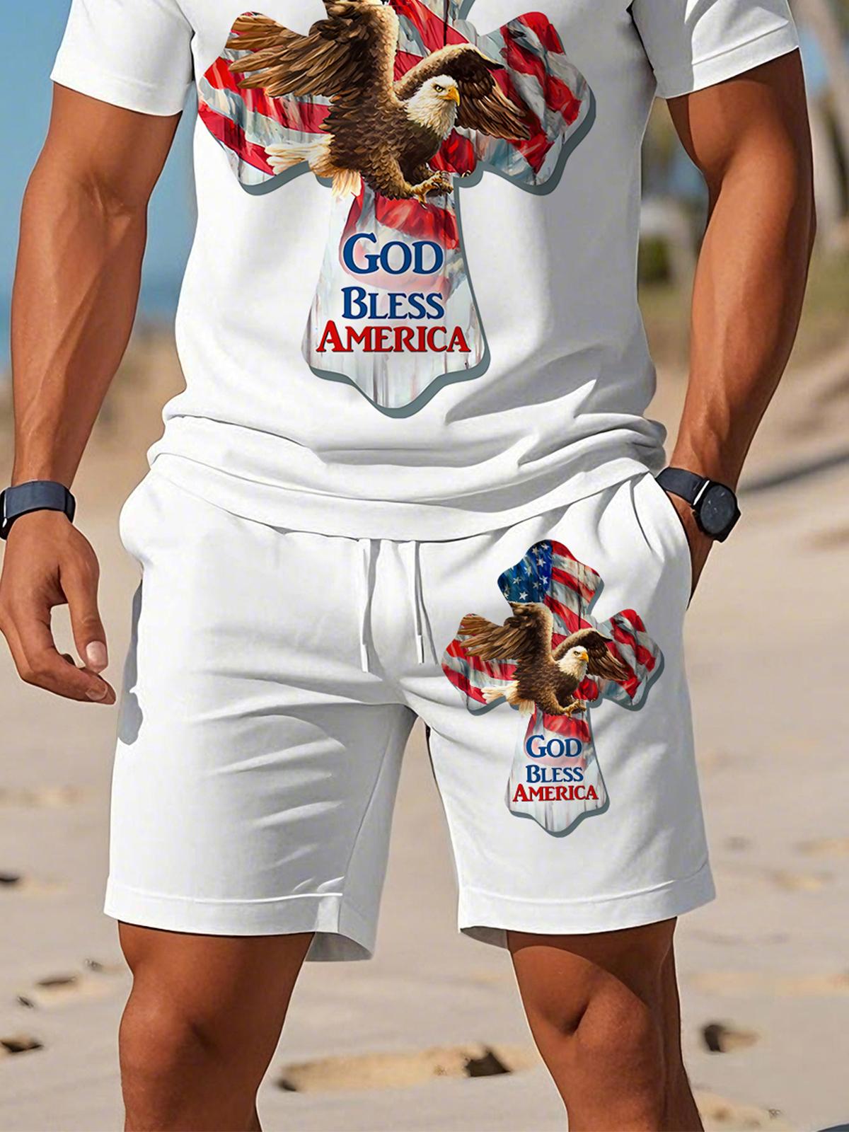 Independence Day Eagle Cross Print Men's Print Pocket Shorts