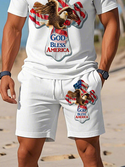 Independence Day Eagle Cross Print Men's Print Pocket Shorts