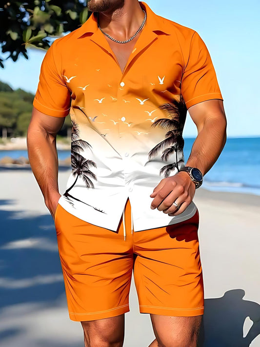 Hawaiian Coconut Tree Men's Short Sleeve Cuban Collar Pocket Shirts And Shorts Set