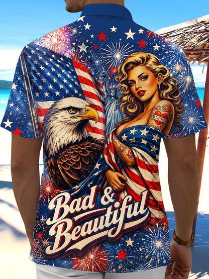 Vintage American Flag Eagle Pin-Up Girl Independence Day Men's Pocket Short Sleeve Shirts
