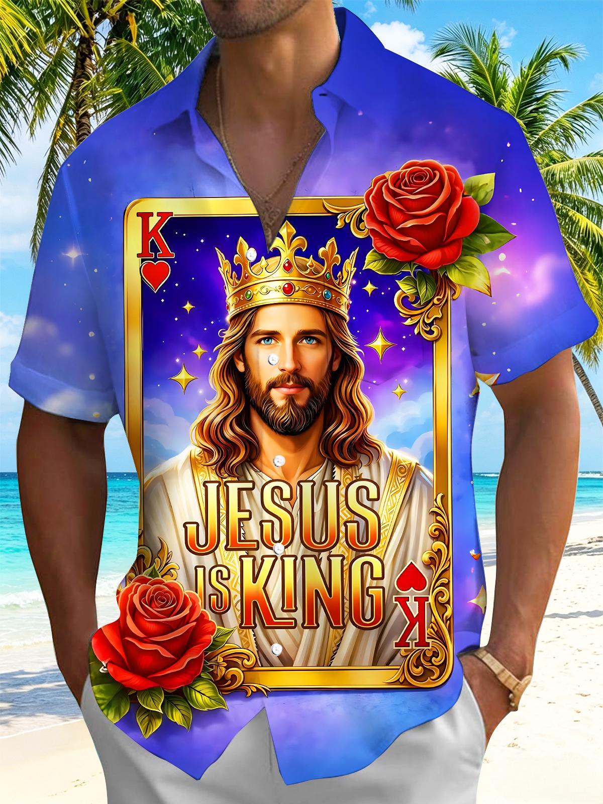 King Of Hearts Jesus Religious With Roses Poker Men's Pocket Short Sleeve Shirts