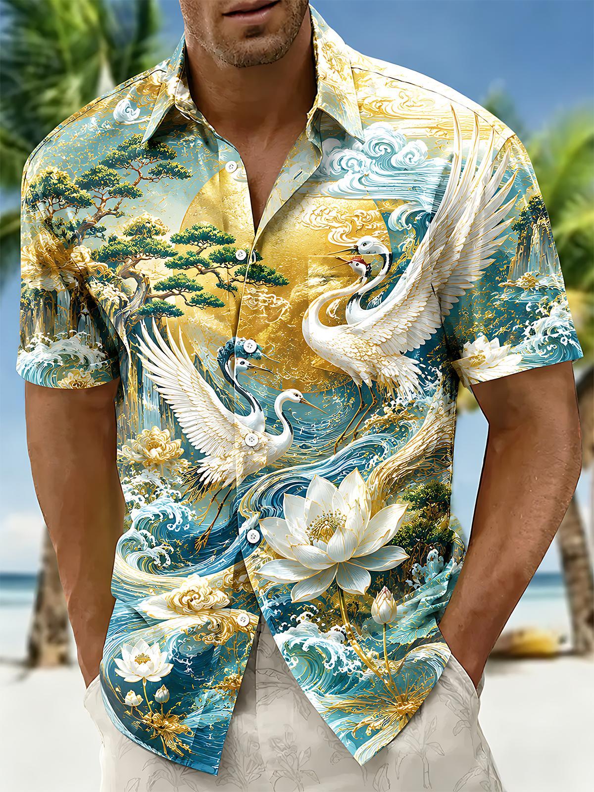 Art Gold Foil Scenery Red-Crowned Crane Lotus Mountain Wave Men's Pocket Short Sleeve Shirts