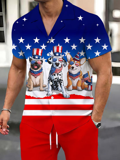 Independence Day Dog Print Men's Pocket Short Sleeve Shirts
