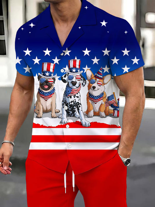 Independence Day Dog Print Men's Pocket Short Sleeve Set