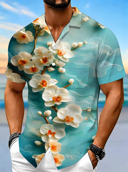 Art Orchid Floral Men's Pocket Short Sleeve Shirts