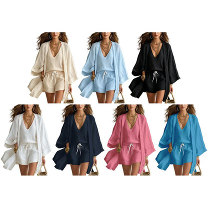Womens 3 Piece Lounge Sets Breathable Loose Cardigan Sleeveless Tank Top Drawstring Shorts Sets for Travel elegant