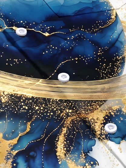 Blue Saturn Gold Foil Art Men's Pocket Short Sleeve Shirts