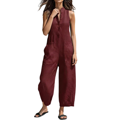 Sleeveless Jumpsuits for Women Button Front Stand Collar Sleeveless Loose Wide Leg Jumpsuit for Vacation charmingly