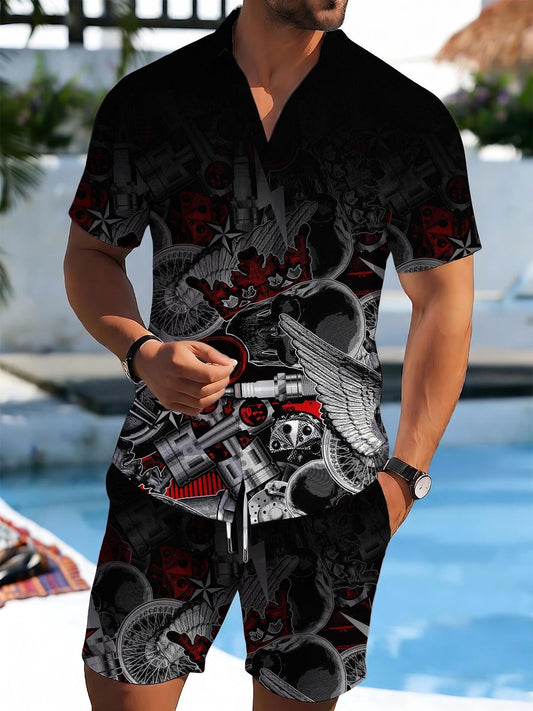 Punk Motorcycle Accessory Print Men's Short Sleeve Pocket Shirts And Shorts Set
