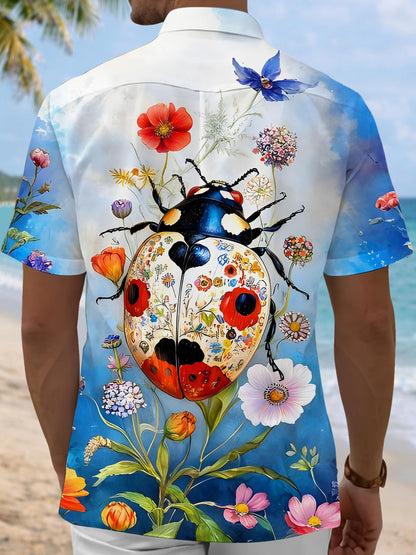 Floral Ladybug Art Insect Plant Men's Pocket Short Sleeve Shirts